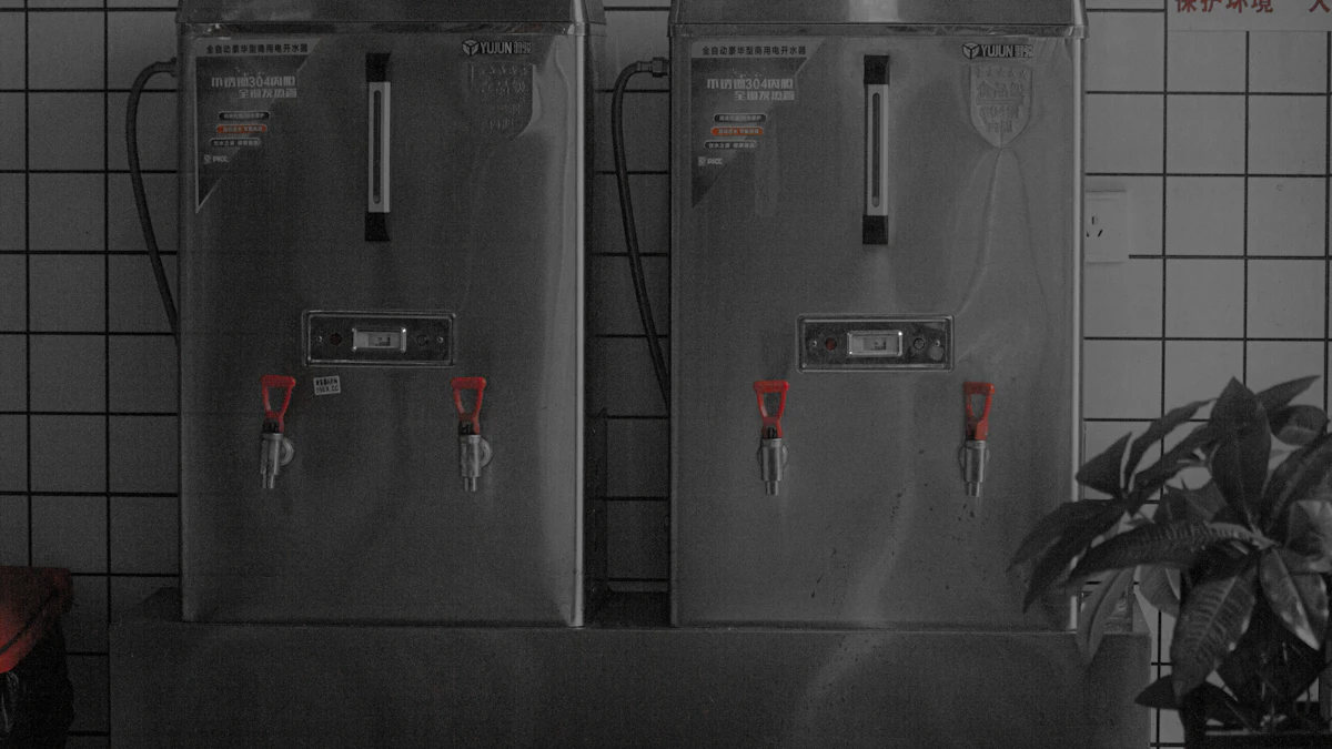 A row of stainless steel gravity-fed countertop water filters on a kitchen counter