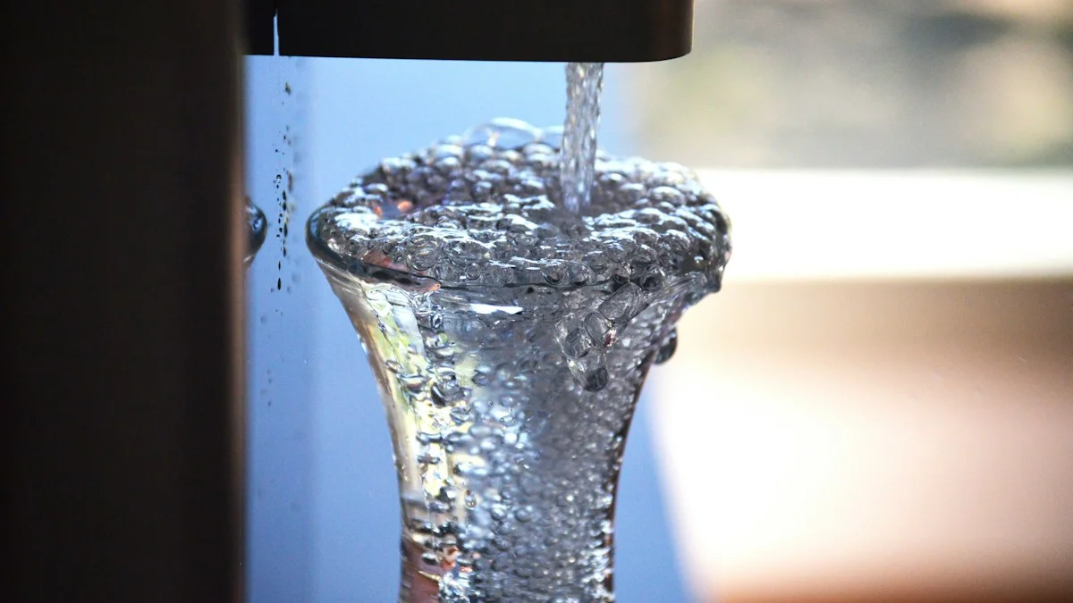 Close-up of a clear glass filling to the brim with bubbling water from a dark tap spout, in front of a bright, blurred window