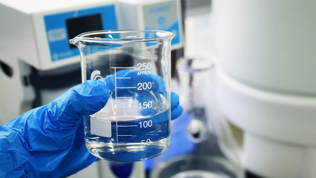 A gloved hand holding a glass laboratory beaker of clear water in front of lab equipment